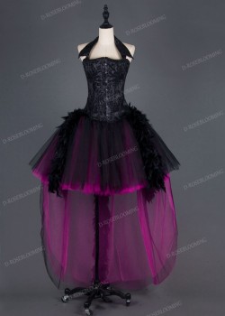 Black Fuchsia Corset Gothic High-Low Dress D1004