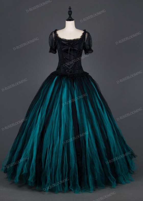 Black Teal Green Gothic Ball Gown Prom Dress D1007