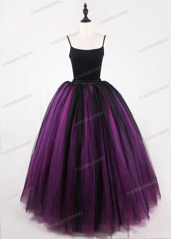 Fuchsia Black Gothic Tulle Long Skirt D1S012