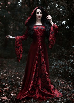 Red Vintage Pattern Hooded Medieval Gown D2008