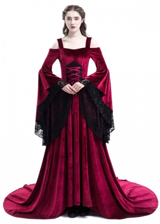 Red Off-the-Shoulder Renaissance Medieval Dress D2026