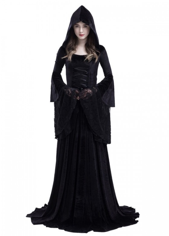 Black Gothic Hooded Vampire Medieval Dress D2022 D Roseblooming