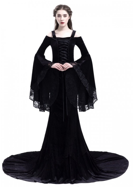 Black Gothic Two Piece Fishtail Medieval Dress D2023