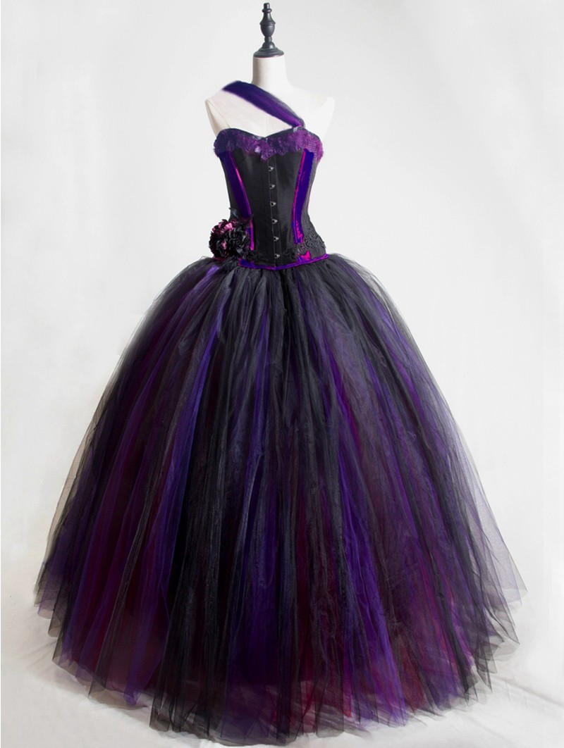 black and purple corset dress Corset Waist Lace Up Strapless Satin Straight, Cassia Corset Gown in Black/Purple, Size XS, For Wedding Guest