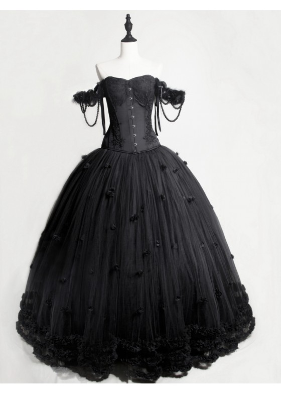 Black Gothic Flower Off-the-Shoulder Corset Prom Long Dress D1050