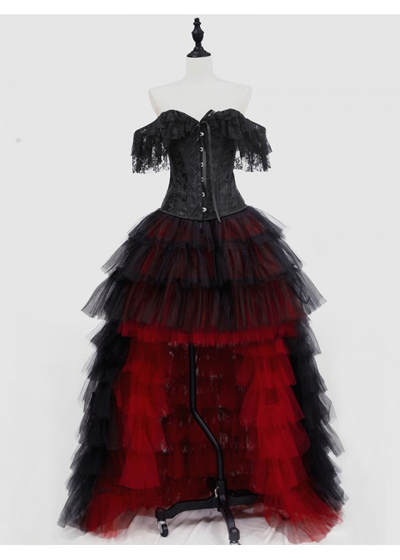 Black and Red Gothic Burlesque Corset Prom Party High-Low Dress D1-052