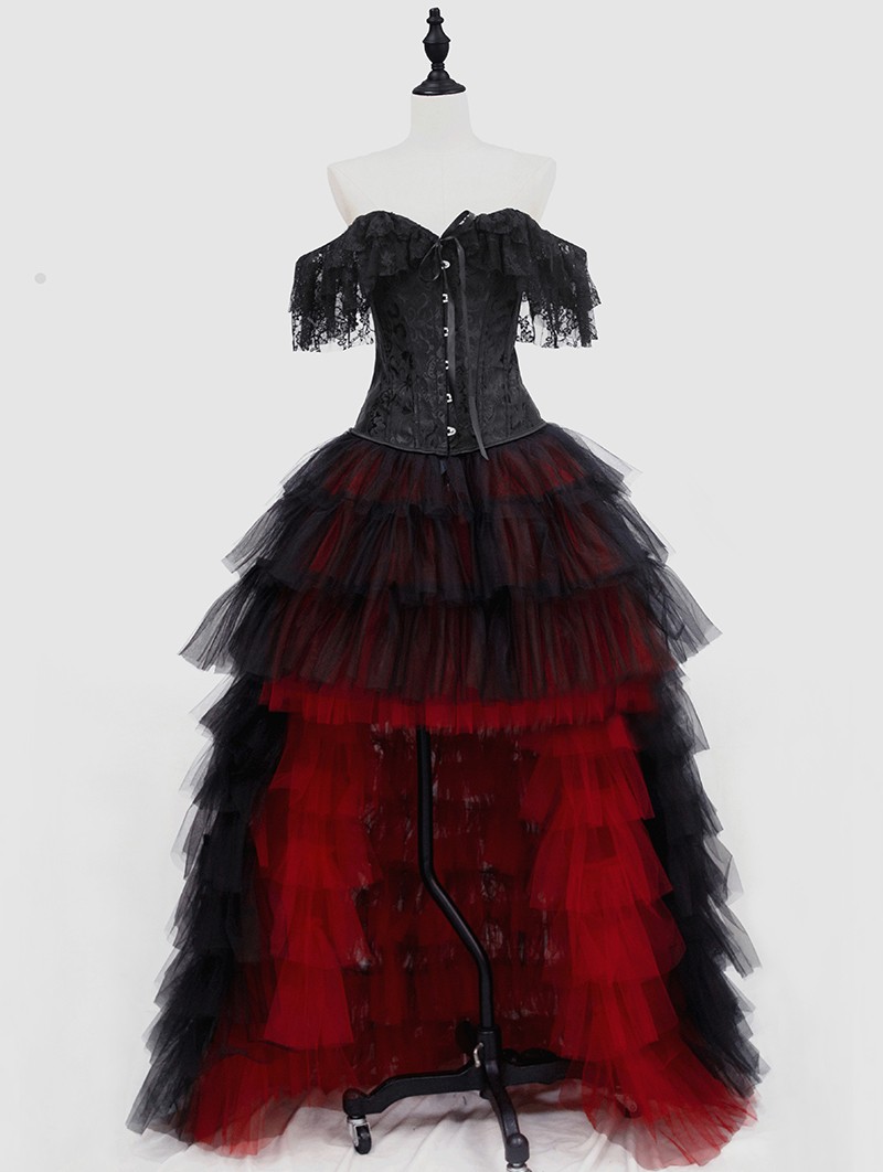Black and Red Gothic Burlesque Corset Prom Party High-Low Dress D1