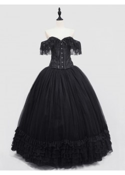 Black Off-the-Shoulder Gothic Lace Corset Long Prom Ball Dress D1053