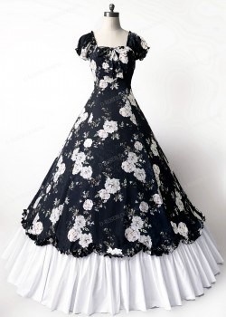Black and White Floral Classic Gothic Victorian Dress D3031