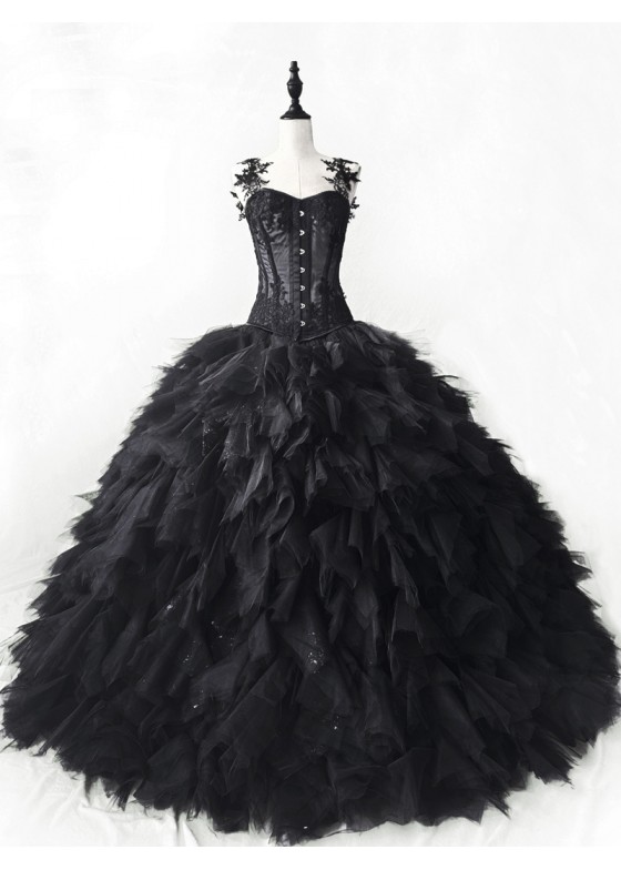 Black Gothic Lace Tulle Wedding Prom Ball Dress D1054