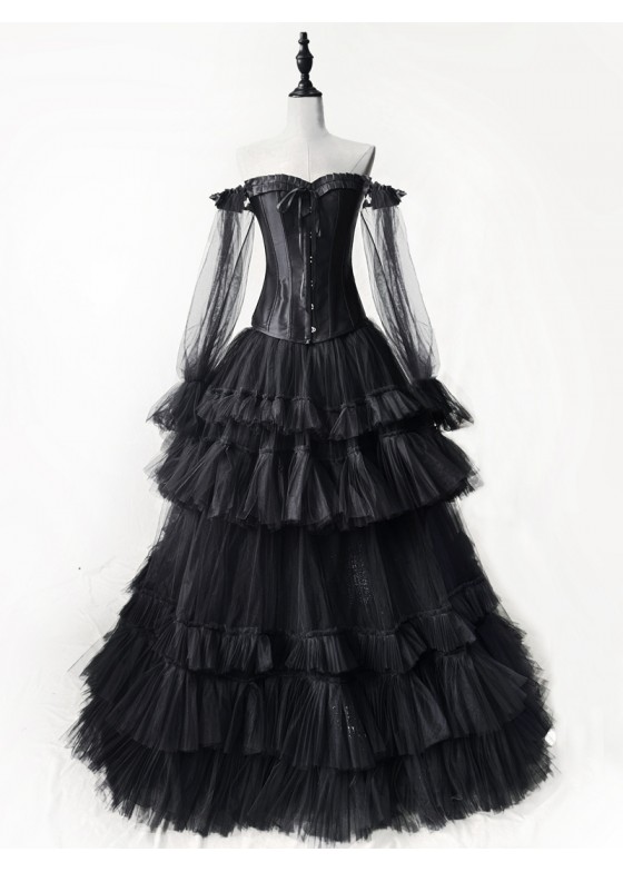 Black off-the-Shoulder Long Sleeve Tulle Gothic Corset Prom Party Dress D1055