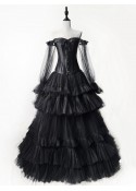 Black off-the-Shoulder Long Sleeve Tulle Gothic Corset Prom Party Dress D1055