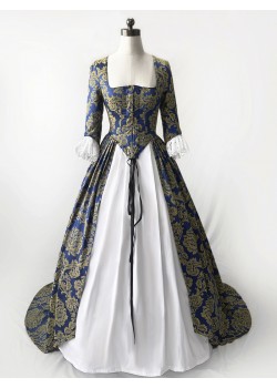 Blue Historical Patterned Victorian Civil War Queen Dress D3038