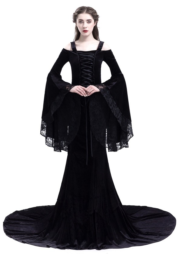 Black Gothic Two Piece Fishtail Medieval Dress D2023 - D-RoseBlooming